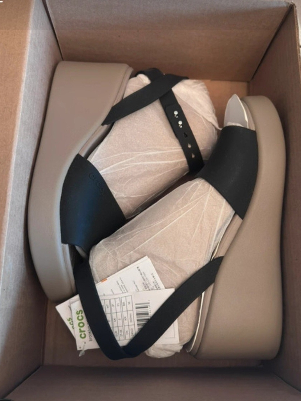 CROCS Women’s Black Strappy Platform Wedge with Taupe Sole